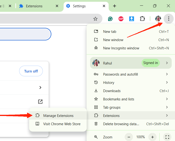 How to Fix YouTube Ambient Mode Missing? 2 Open Chrome browser settings and navigate to the Manage Extensions section.
