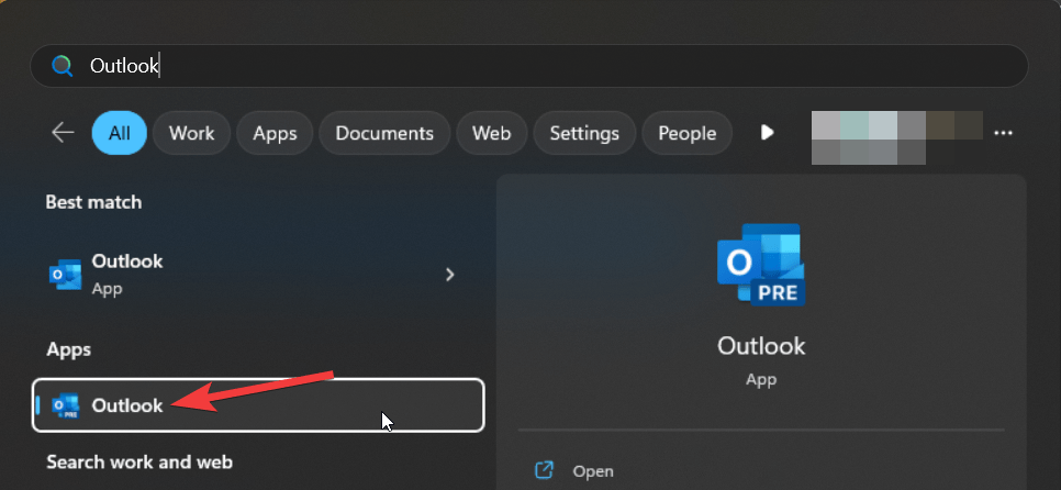 Open Outlook app from Start menu