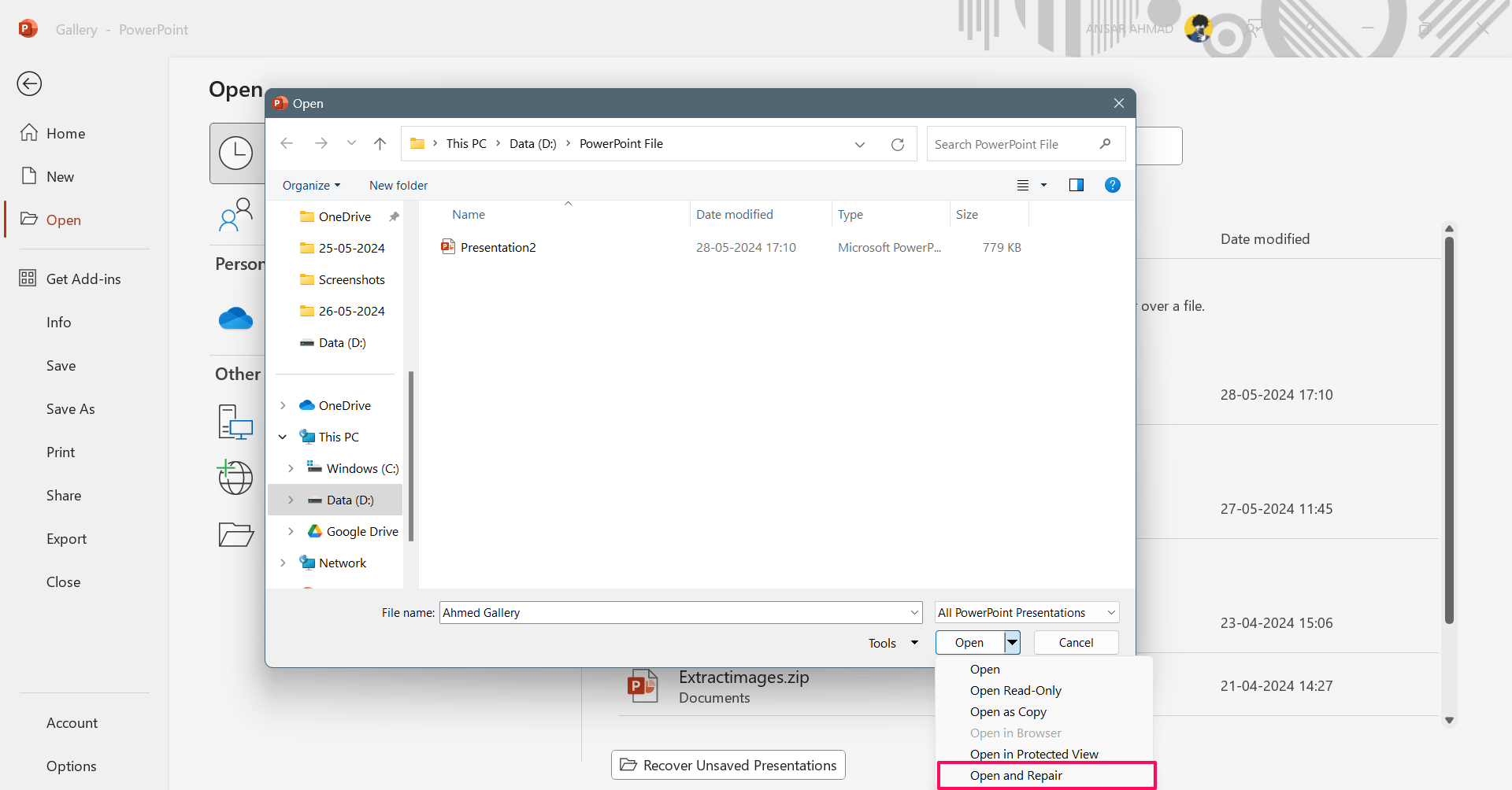 How to Fix 'An Error Occurred while PowerPoint was Saving the File' 10 Click on Open and Repair to repair the file
