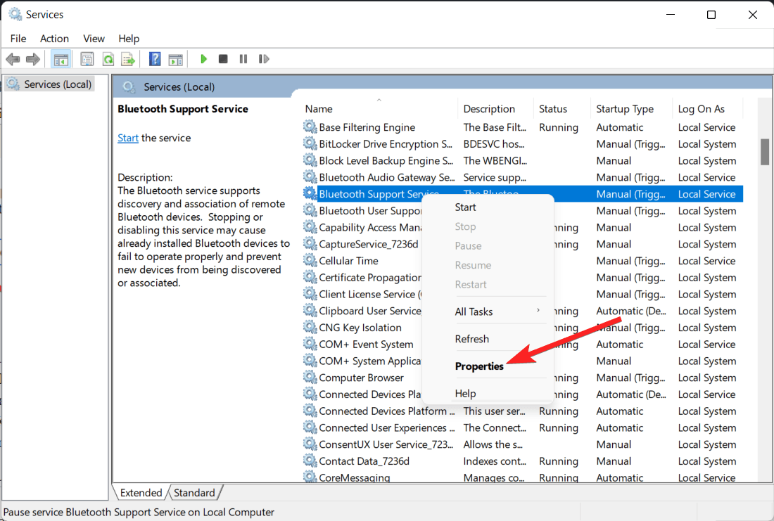 How to Fix Dynamic Lock Not Working in Windows 11 6 Open properties of bluetooth support service