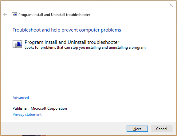 Open the Program Installer & Uninstaller Troubleshooter as administrator