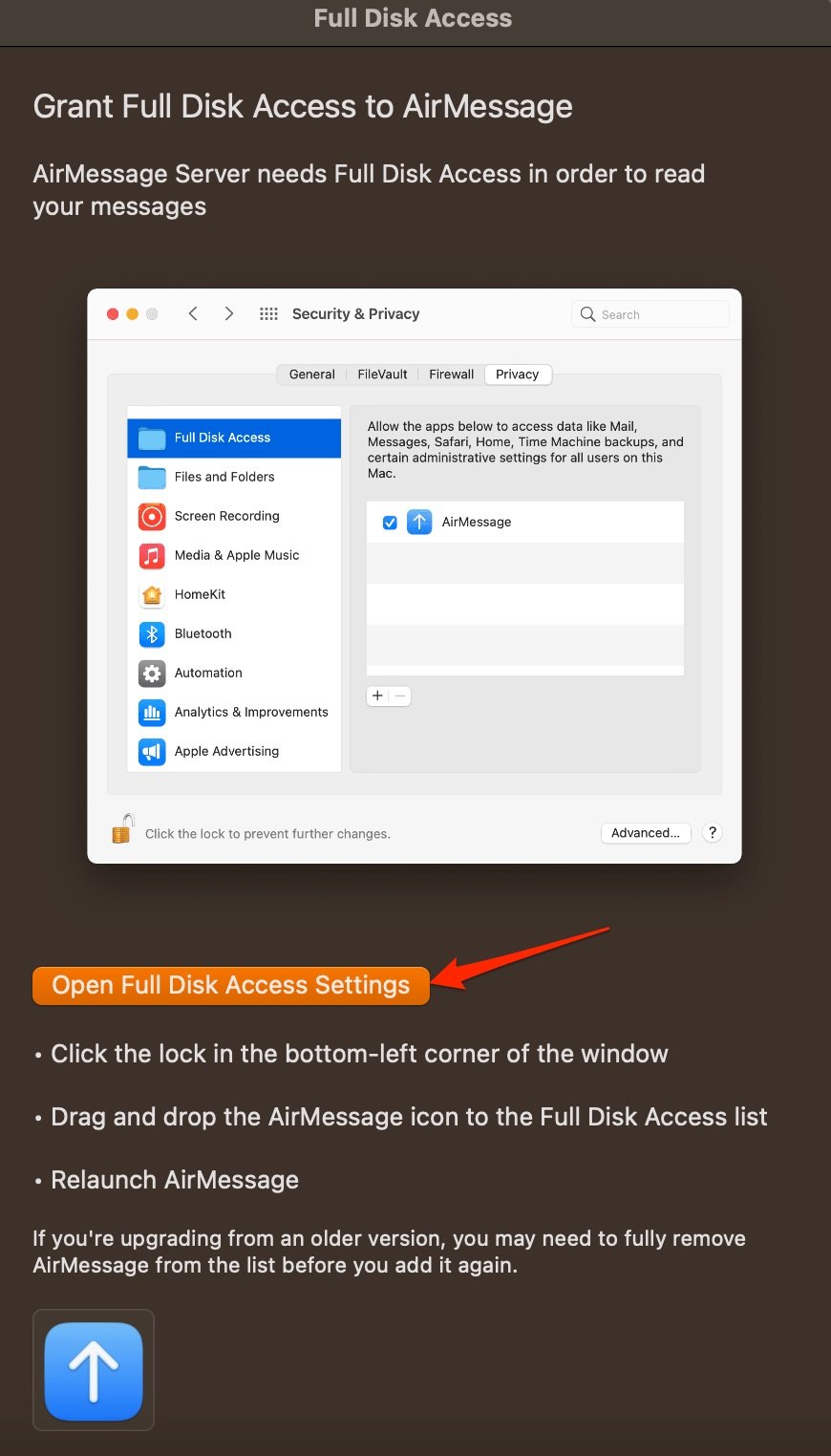 Open Full Disk Access Settings 