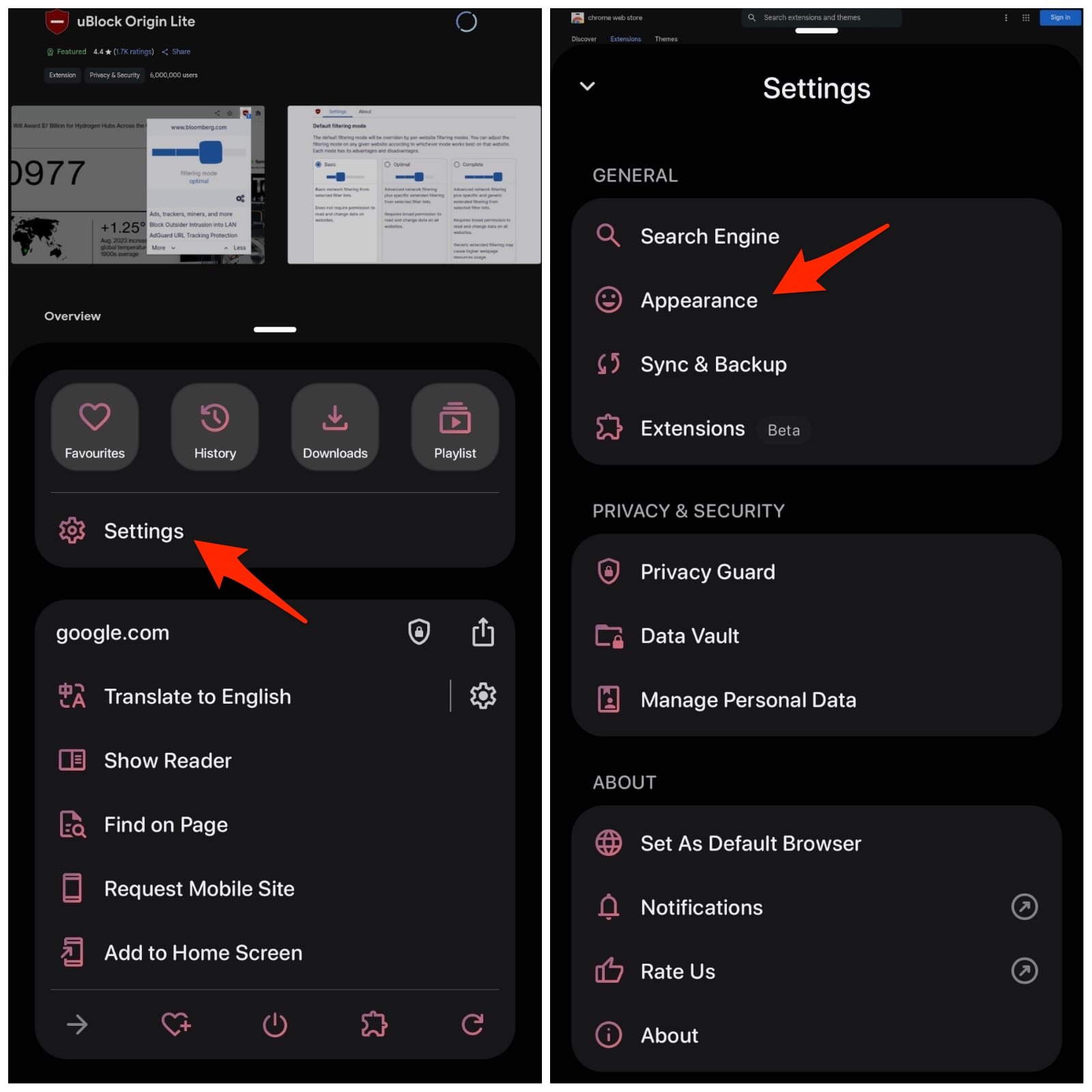 Best Kiwi Alternative: Install Chrome Extensions on Android 9 Open Quetta Settings. Here, click on Appearance