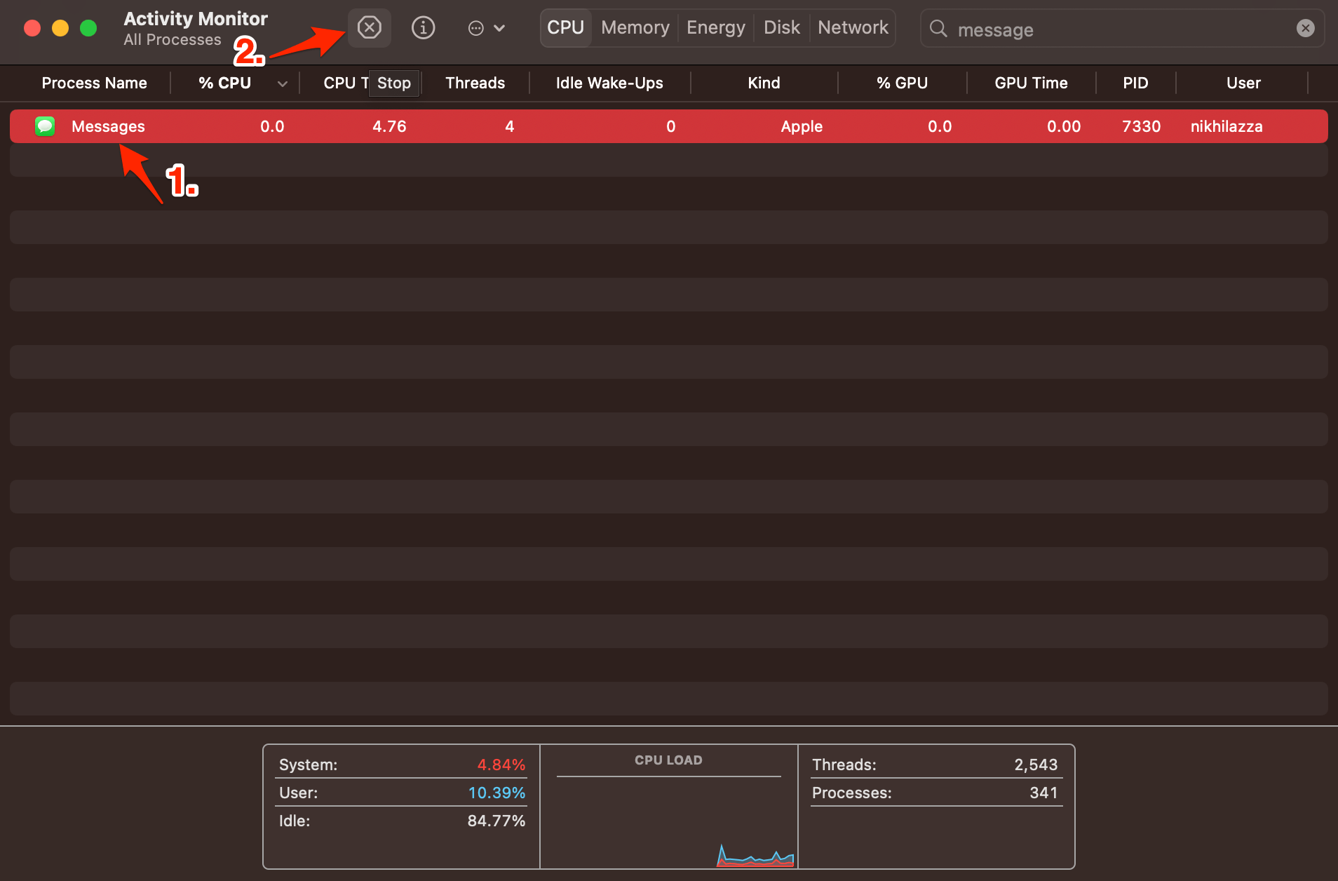 Open it and under the CPU  tab, search Messages and click on the x icon