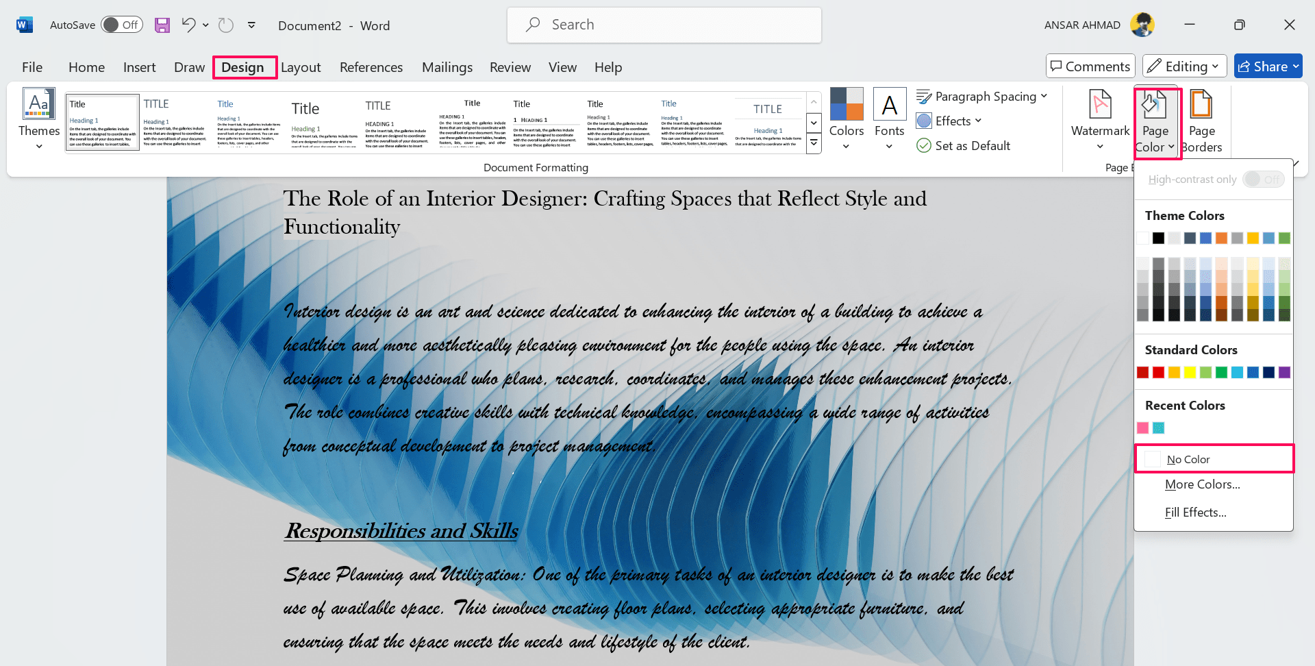 How to Add a Background in Microsoft Word 29 Click on No Color to remove background