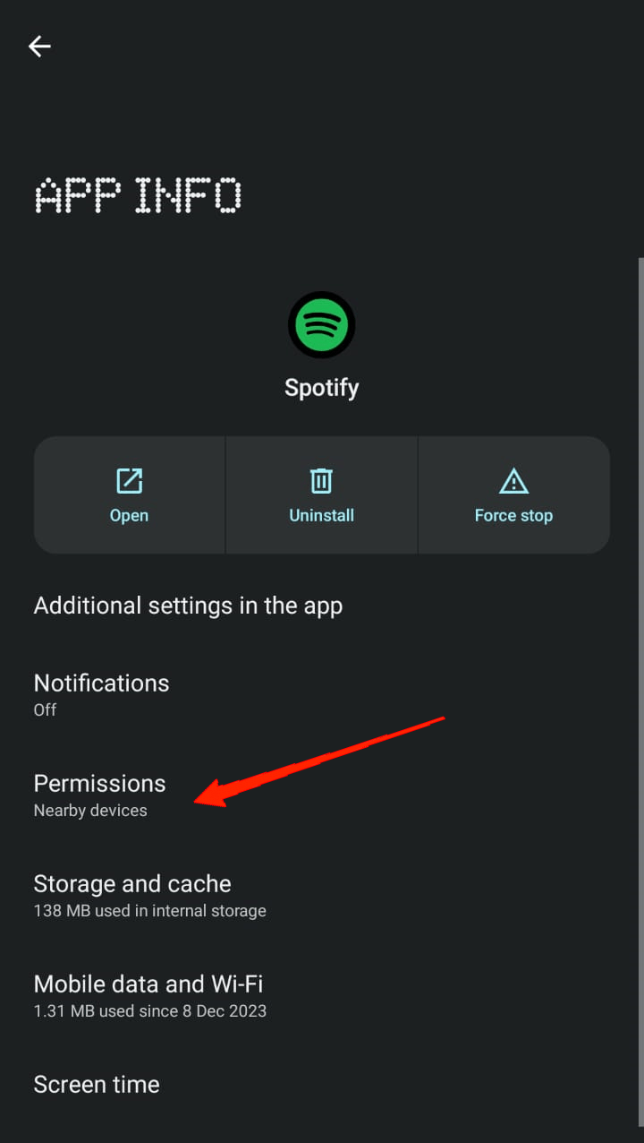 How to Fix Spotify Premium Not Working Offline on Smartphones 9 Once you are on the App info page, click on Permissions.