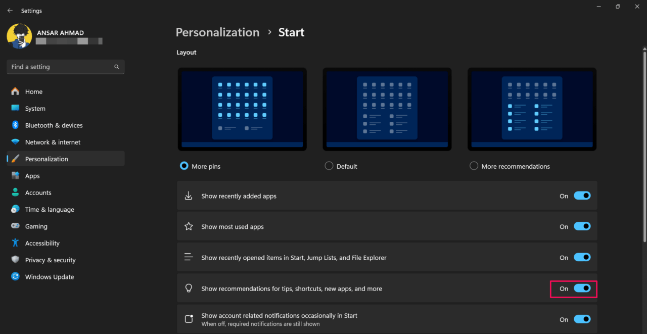 Toggle off "Show recommendations for tips, app promotions, and more"