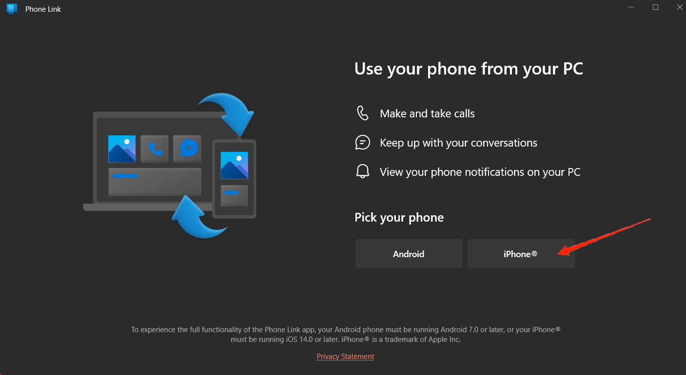 How to Connect iPhone to Windows 11 using Phone Link? 3 click on 'iPhone' to connect your Windows device to your iPhone