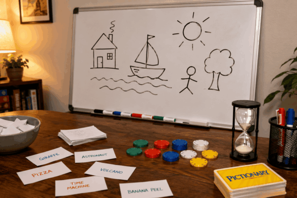 The official Pictionary card box runs out of steam faster than most people expect, especially with the same group playing repeatedly. Having a separate word list ready means the game can keep going, and picking the right difficulty for your group is what separates rounds that move fast from rounds where nobody guesses anything and the drawer gives up halfway through. TL;DR: Good Pictionary prompts match the group's age and skill. Easy words (rainbow, sandwich, umbrella) work for kids and mixed-age groups. Medium words (alarm clock, boomerang, quicksand) work for most adult groups. Hard words (time machine, gravity, cognitive dissonance) are for experienced players who want a challenge. Funny words (underpants, chicken dance, couch potato) work across all skill levels and are worth keeping in a separate pile for tone resets. Game Night Word Matrix Difficulty Best For Premium Examples The "Panic" Prompt Easy Kids & Warm-ups Rainbow, Backpack, Volcano Flamingo Medium Casual Adult Nights Boomerang, Sneeze, Windmill Photosynthesis Hard Pictionary Veterans Nostalgia, Parallel Universe Bureaucracy Funny Energy Resets Couch Potato, Moonwalk Bellybutton Easy Pictionary words (for kids and mixed groups) Easy words are concrete, visual, and drawable in under 10 seconds. They work best when younger players are in the group or when you are warming up. The goal is for the group to guess quickly and build momentum before moving to harder rounds. Classic Animals: Cat, dog, elephant, penguin, butterfly. Silhouette Trickers: Flamingo, dolphin, octopus, giraffe, shark. *(Drawer Note: If someone draws a gray blob with a triangle on top, just guess shark immediately.)* Everyday Objects: Umbrella, guitar, bicycle, telescope, hourglass, backpack, sunglasses, balloon. Food & Places: Pizza, ice cream, sandwich, beach, lighthouse, mountain, castle, volcano. Medium Pictionary words (for most adult groups) Medium words require a bit more creativity from the drawer and a bit more lateral thinking from the guessers. They slow the pace down deliberately without becoming frustrating. Objects & Machinery: Alarm clock, boomerang, compass, kaleidoscope, periscope, pulley, magnifying glass, anvil, suitcase, escalator. Actions & Natural Processes: Sneeze, meditation, photosynthesis, gravity, hibernation, erosion, migration, camouflage. Drawer Note: Good luck trying to draw the sun hitting a leaf for "photosynthesis" without breaking the rules and writing "CO2" on the board. Watch your friends panic. Structures & Scenery: Aqueduct, lighthouse keeper, windmill, suspension bridge, observatory, shipwreck. Hard Pictionary words (for experienced players) Hard words are the ones where the drawer needs a strategy, not just a quick sketch. These work best when the group knows each other well, is comfortable with the game, and is genuinely looking for a challenge rather than easy wins. Abstract Concepts: Nostalgia, karma, procrastination, cognitive dissonance, time machine, parallel universe, existentialism, irony. Drawer Note: Trying to sketch out "cognitive dissonance" or "irony" in 60 seconds transforms Pictionary from a casual parlor game into an existential psychological experiment. Real-World Situations: Brainstorming, bureaucracy, déjà vu, inflation, writer's block, peer pressure, culture shock, first impression. Pro-Tip for Bureaucracy: Just tell your drawer to sketch a massive pile of paper folders, rubber stamps, and a visibly crying stick figure. It works every time. 💡 Game Night Matchup Tip: If you have that one intensely competitive friend who takes parlor games way too seriously, hand them "Déjà vu" or "Inflation" and enjoy the show. Related Android 17 Features From The Android Show 2026: What to Expect Funny Pictionary words (all skill levels) Funny words work because they produce absurd drawings regardless of drawing skill. The laugh comes from the attempt as much as the guess. Keep a pile of these separate and drop one in any time the energy drops. Absurd Actions: Chicken dance, moonwalk, zombie shuffle, belly flop, wiggle, jiggle. Comical Visuals: Underpants, banana peel, bellybutton, couch potato, rubber duck, llama, sasquatch, nacho tower, tooth fairy, invisible man, clown car, quicksand, goosebumps, platypus. How to run Pictionary without the box You need teams of at least two people, something to draw on (whiteboard, large paper, or a shared whiteboard app on a screen), markers or pens, and a 60-second timer. Write the words on slips of paper and fold them into a bowl, or use the word list from this page on a phone passed face-down to each drawer. For endless online play, Pictionary Word Generator has over 5,500 curated prompts with a built-in 60-second timer. The official rules: one player draws, teammates guess, no speaking or gestures from the drawer, no letters or numbers in the drawing. Points go to the team that guesses within the time limit. But most people play a looser version where the category of the word is announced first (person, place, thing, action, or movie title), which significantly speeds up the guessing and reduces the long silences where nobody has any idea what is happening. The word that ends every game night well Pictionary prompts idea