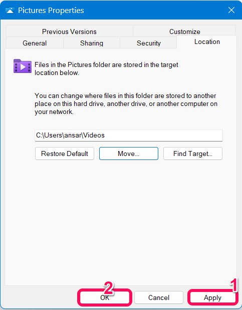 How to Change Default Screenshot Location on Windows 11 5 Click on Apply and OK to confirm the changes