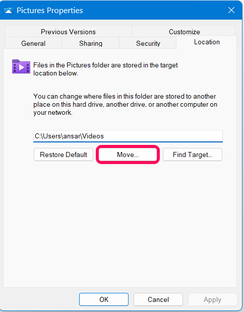 How to Change Default Screenshot Location on Windows 11 4 Click on Move option and select the destination folder