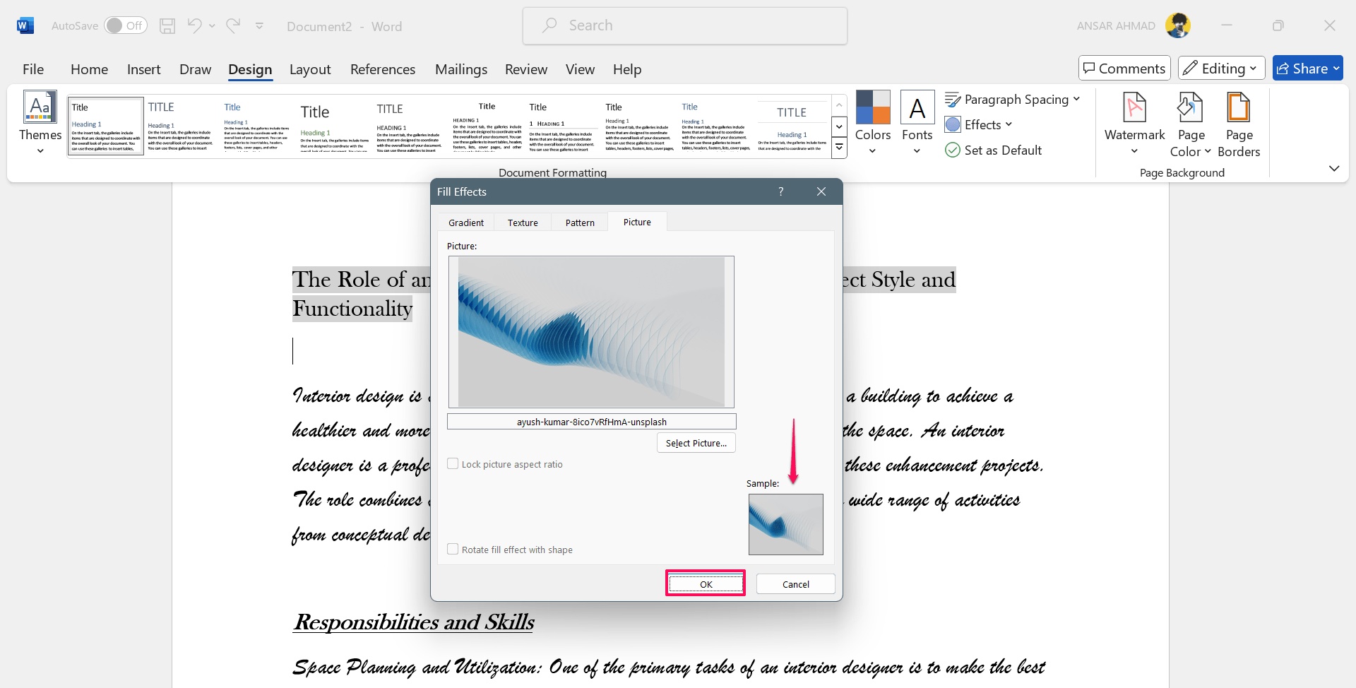 How to Add a Background in Microsoft Word 27 Click the OK button to add the picture