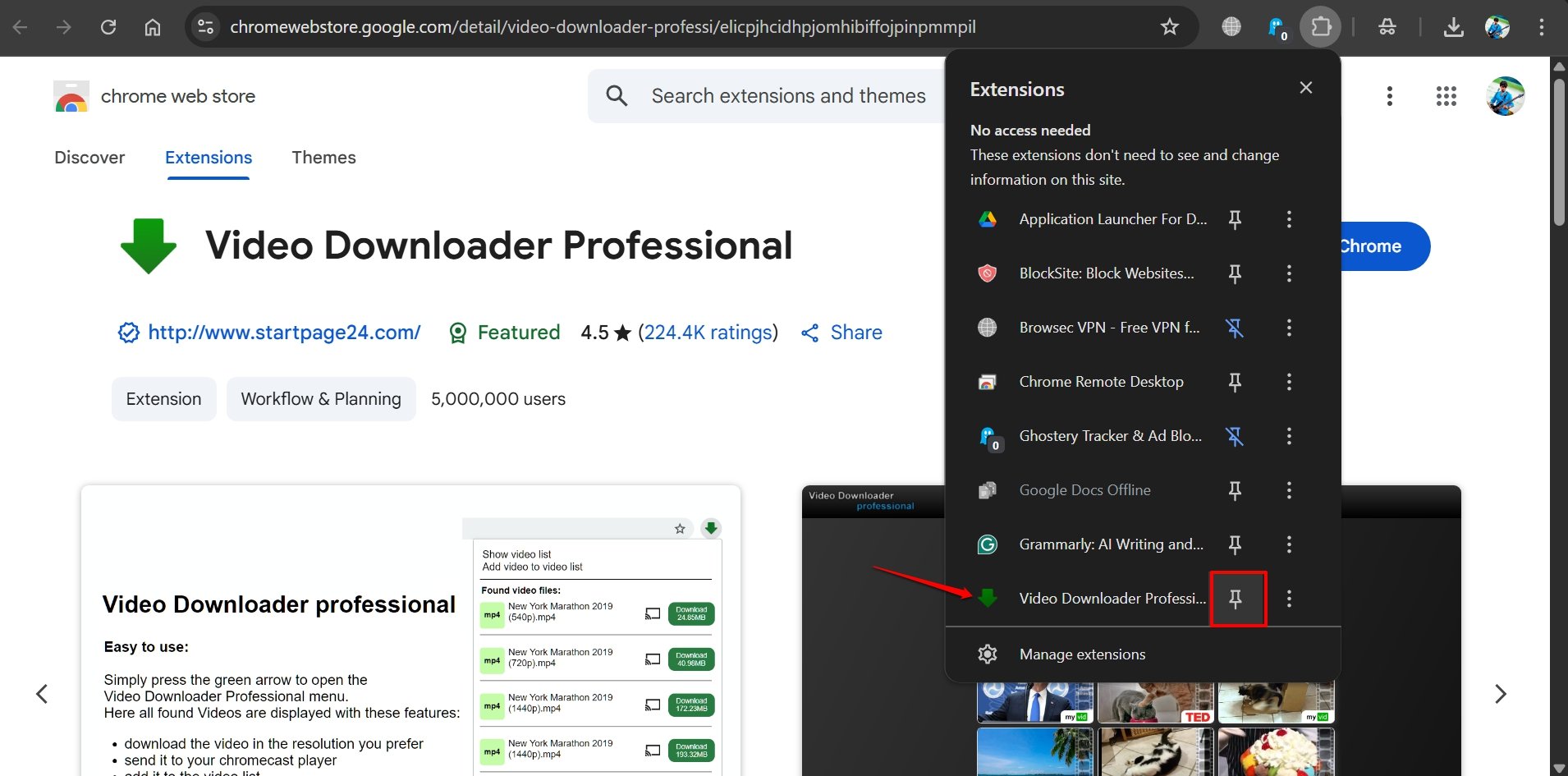 Download Videos from Any Website: Grab Embedded Videos 5 Pin Extension in Chrome Toolbar