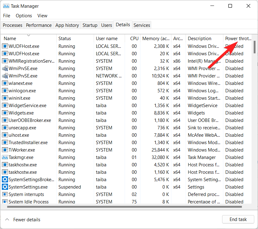 How to Setup and Use Power Throttling in Windows 11? 6 Power throttling column in details tab