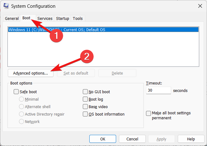 Press Advanced options button located under the Boot section
