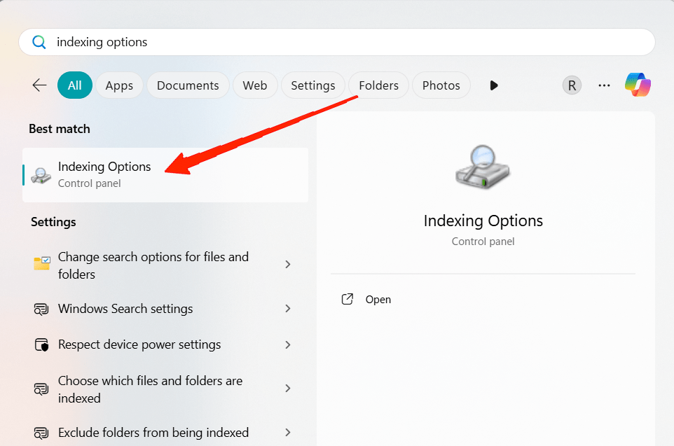 File Explorer high CPU after Windows 11 24H2 Update: What to do? 4 Press Win + S and type Indexing Options.