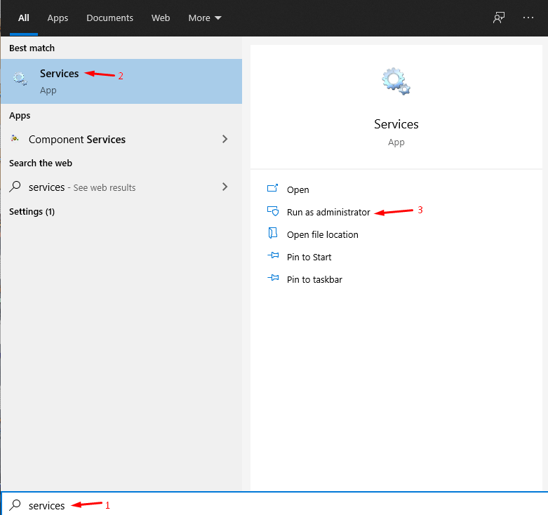 Press Windows Key + S and type “Services” and run as administrator