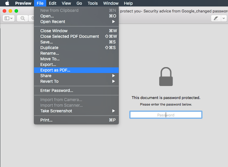 Change or encrypt PDF file in Mac OS without software, but how? 4 Preview File Export as PDF and Menubar to Change PDF Password