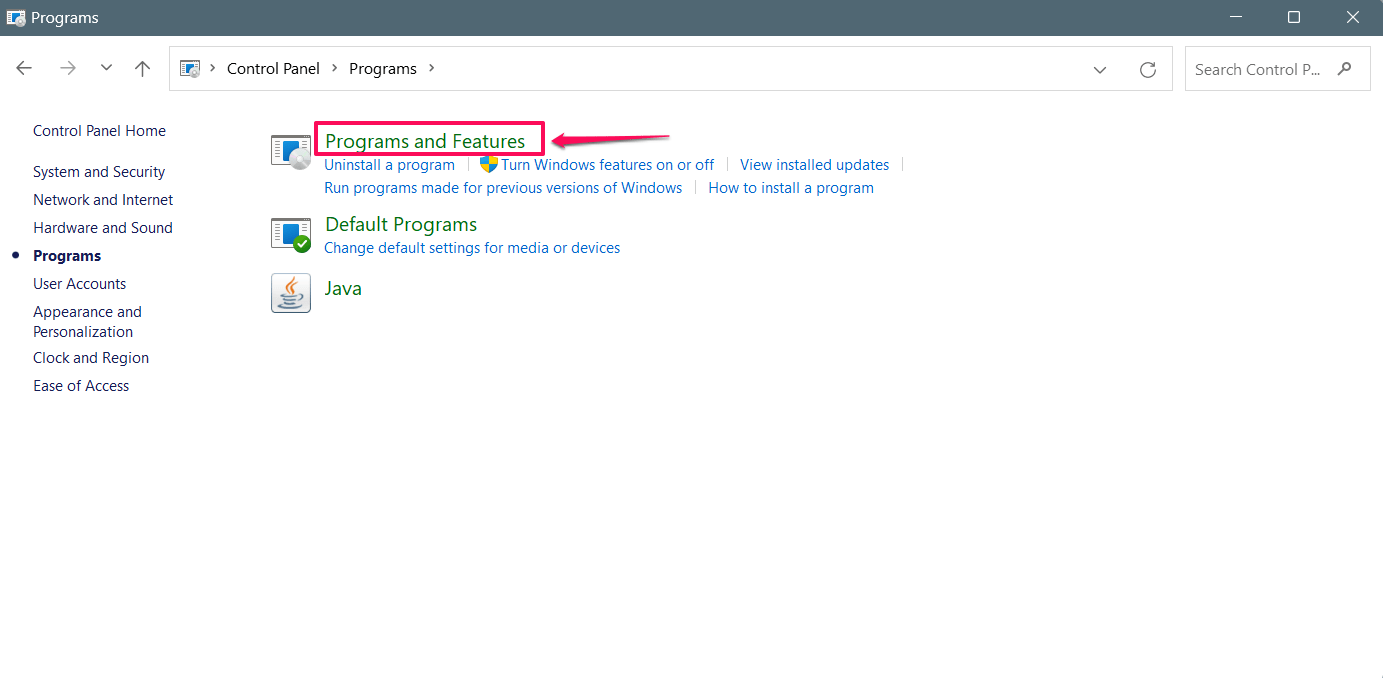 Click on Programs and Features