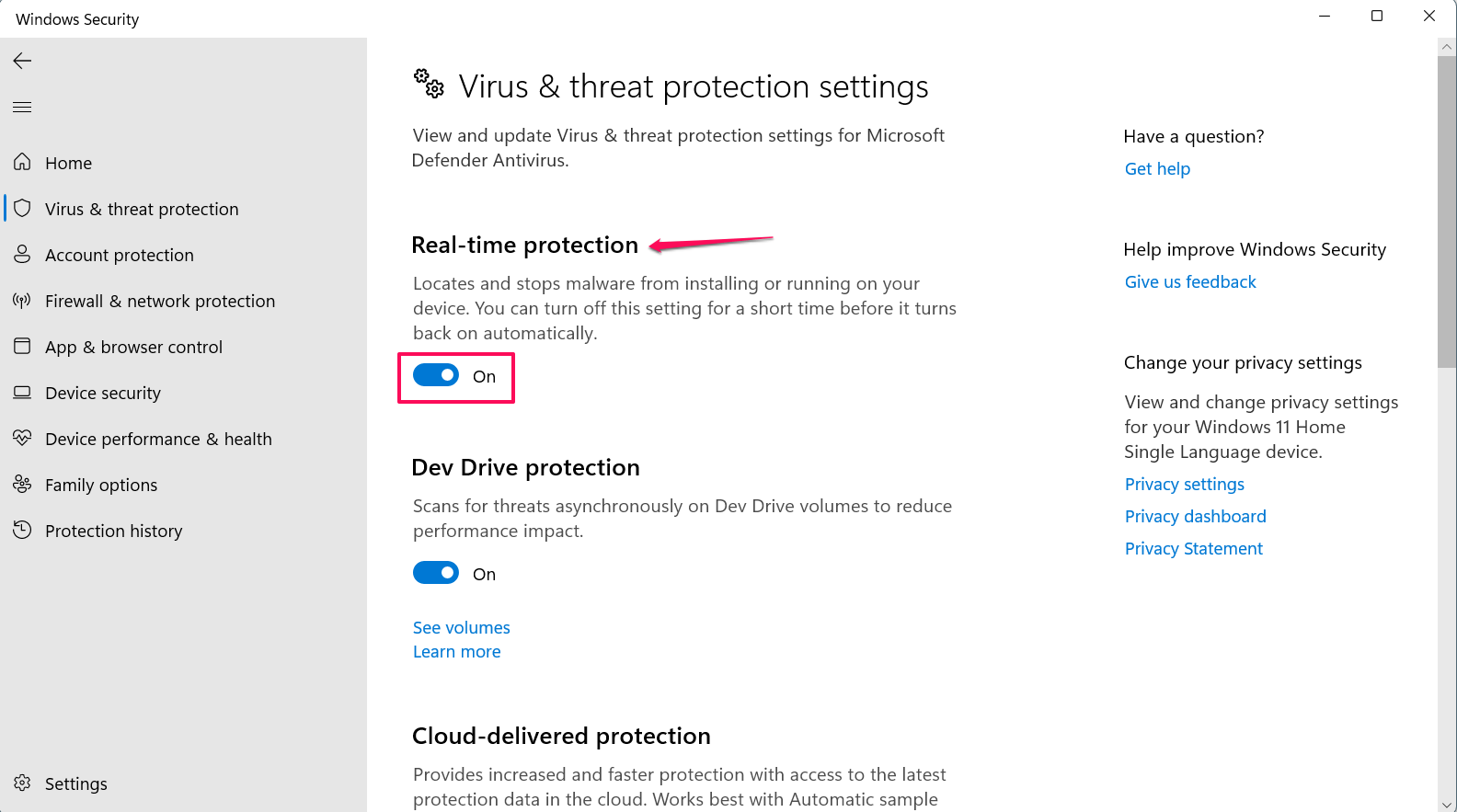 Toggle off the Real-time protection