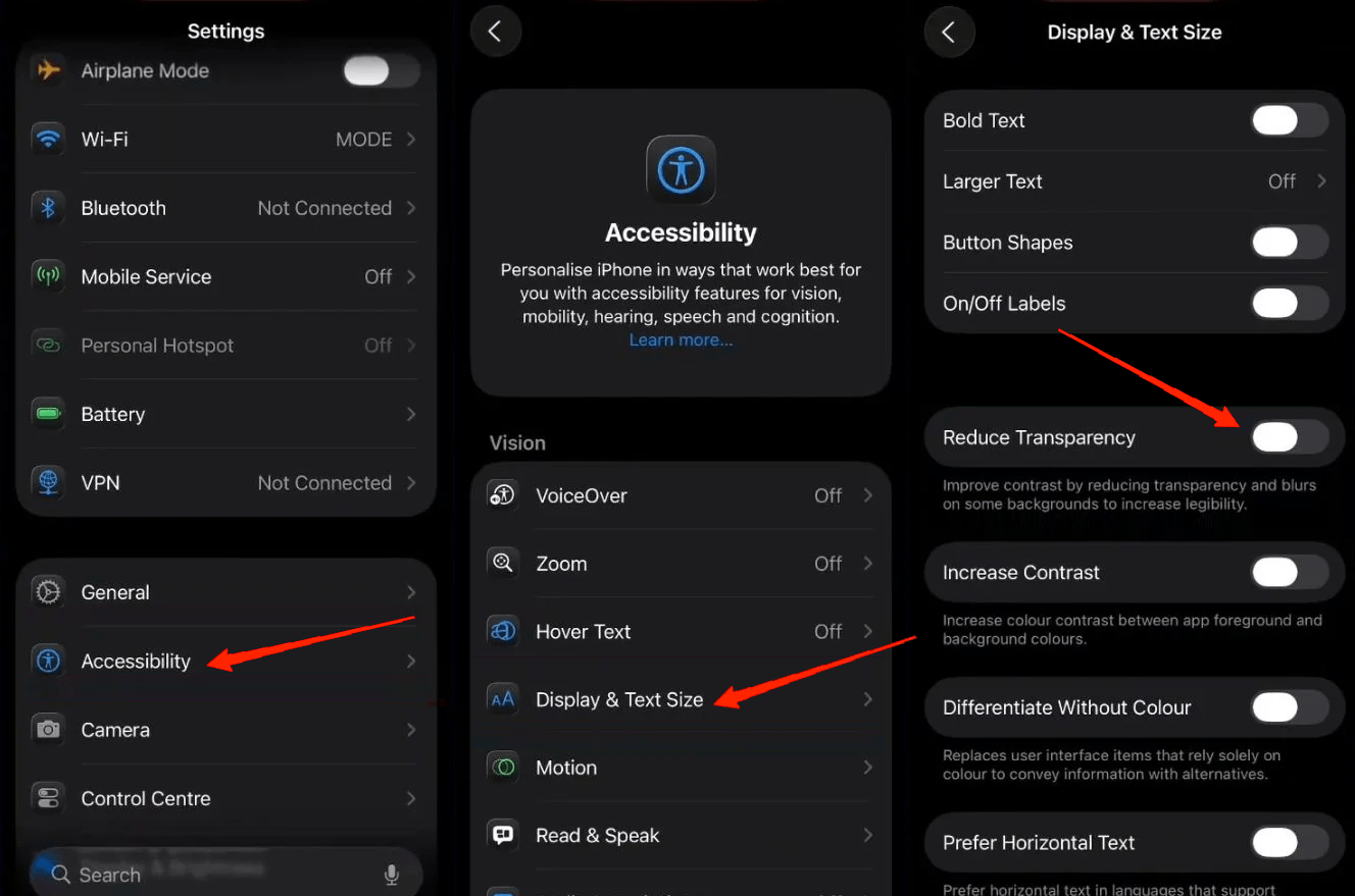 How to Disable iOS 26 Liquid Glass Mode on iPhone? 2 Reduce Transparency