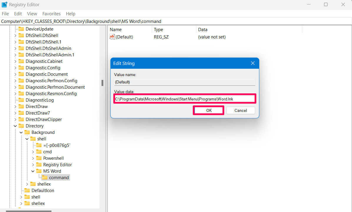 How to Add MS Office Apps in Windows Right Click Menu 7 Paste the value data and click OK