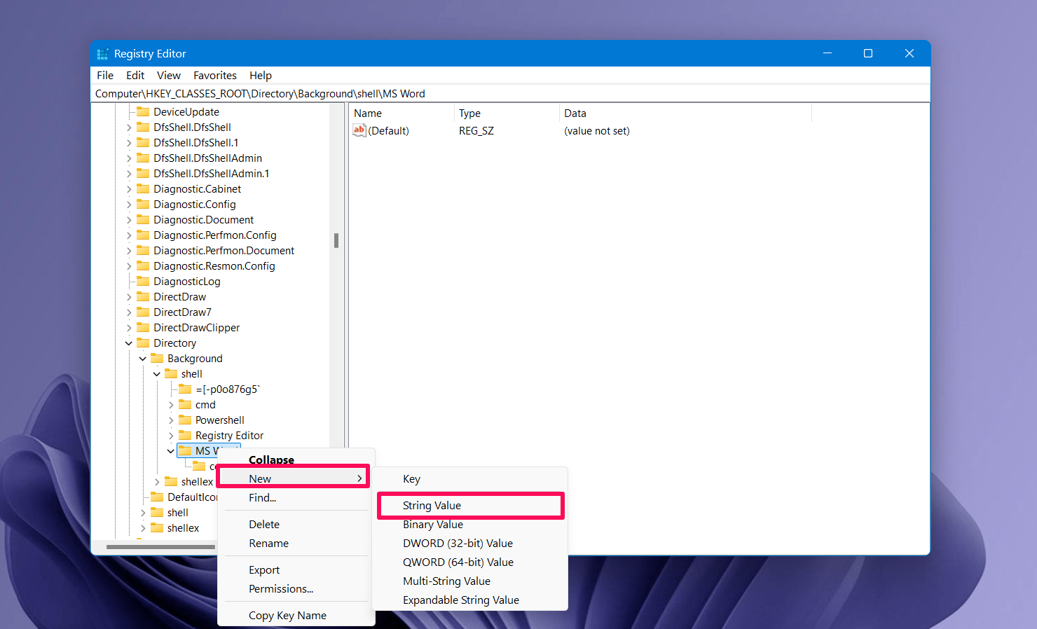How to Add MS Office Apps in Windows Right Click Menu 8 Right click on Word and choose New > String value