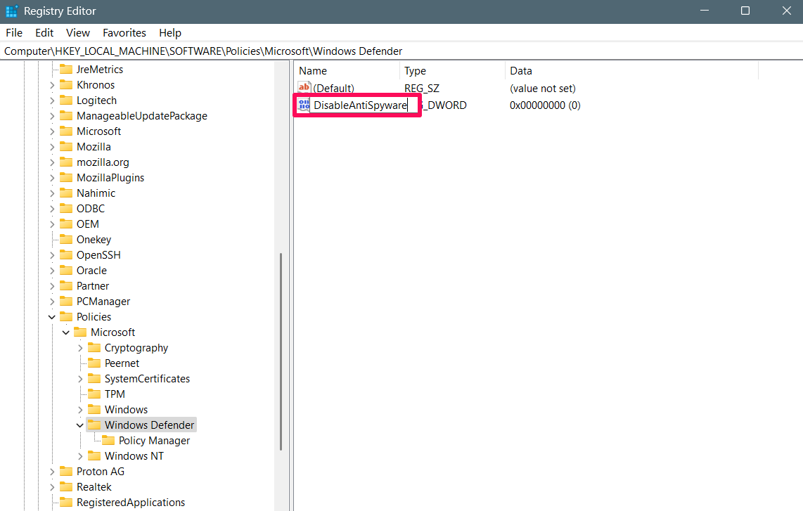 How to Permanently Disable Microsoft Defender Antivirus on Windows 11 9 Name the new key to DisableAntiSpyware and hit Enter