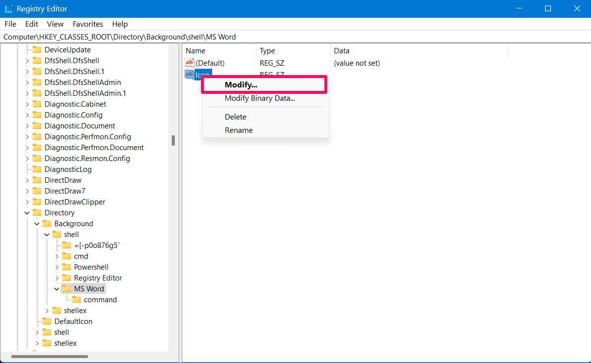 How to Add MS Office Apps in Windows Right Click Menu 9 Right click on Icon and choose Modify
