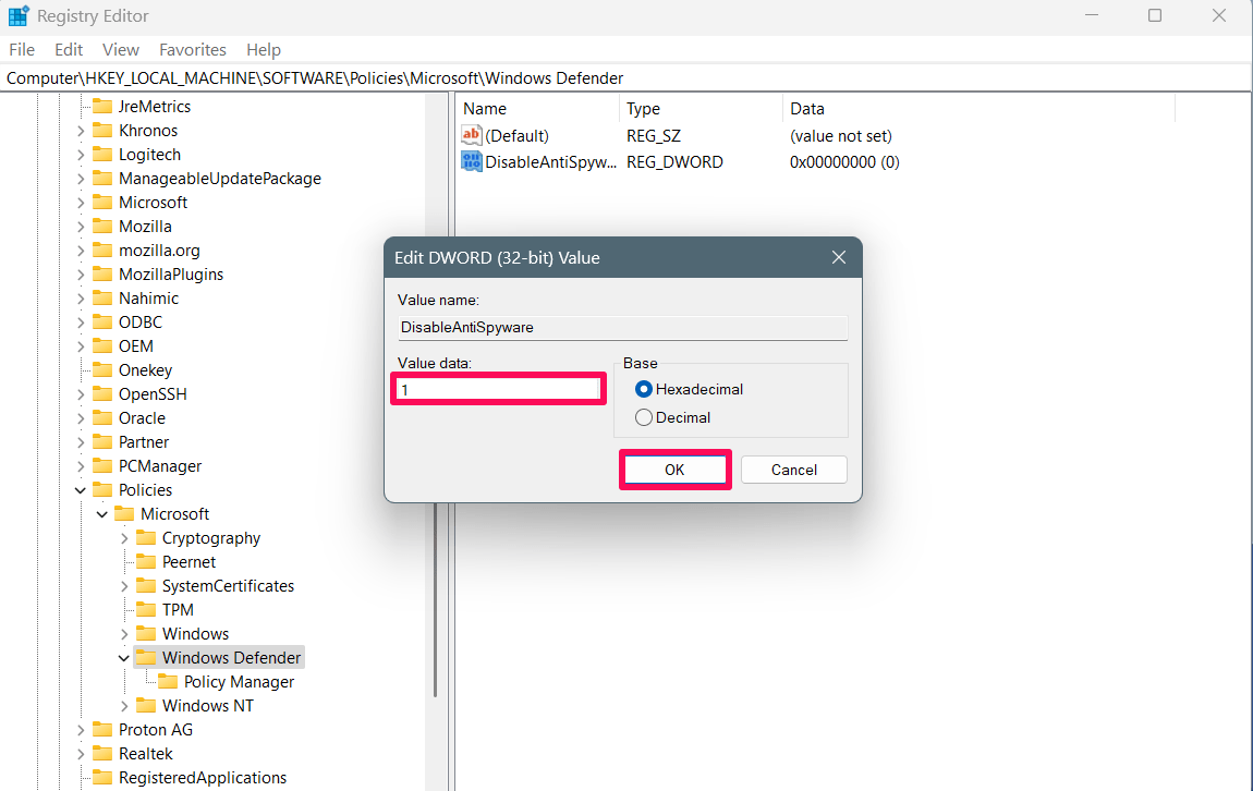 How to Permanently Disable Microsoft Defender Antivirus on Windows 11 10 Change the value data to 1 and click OK