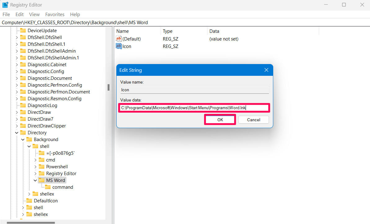 How to Add MS Office Apps in Windows Right Click Menu 10 Enter the value data of your app and click OK