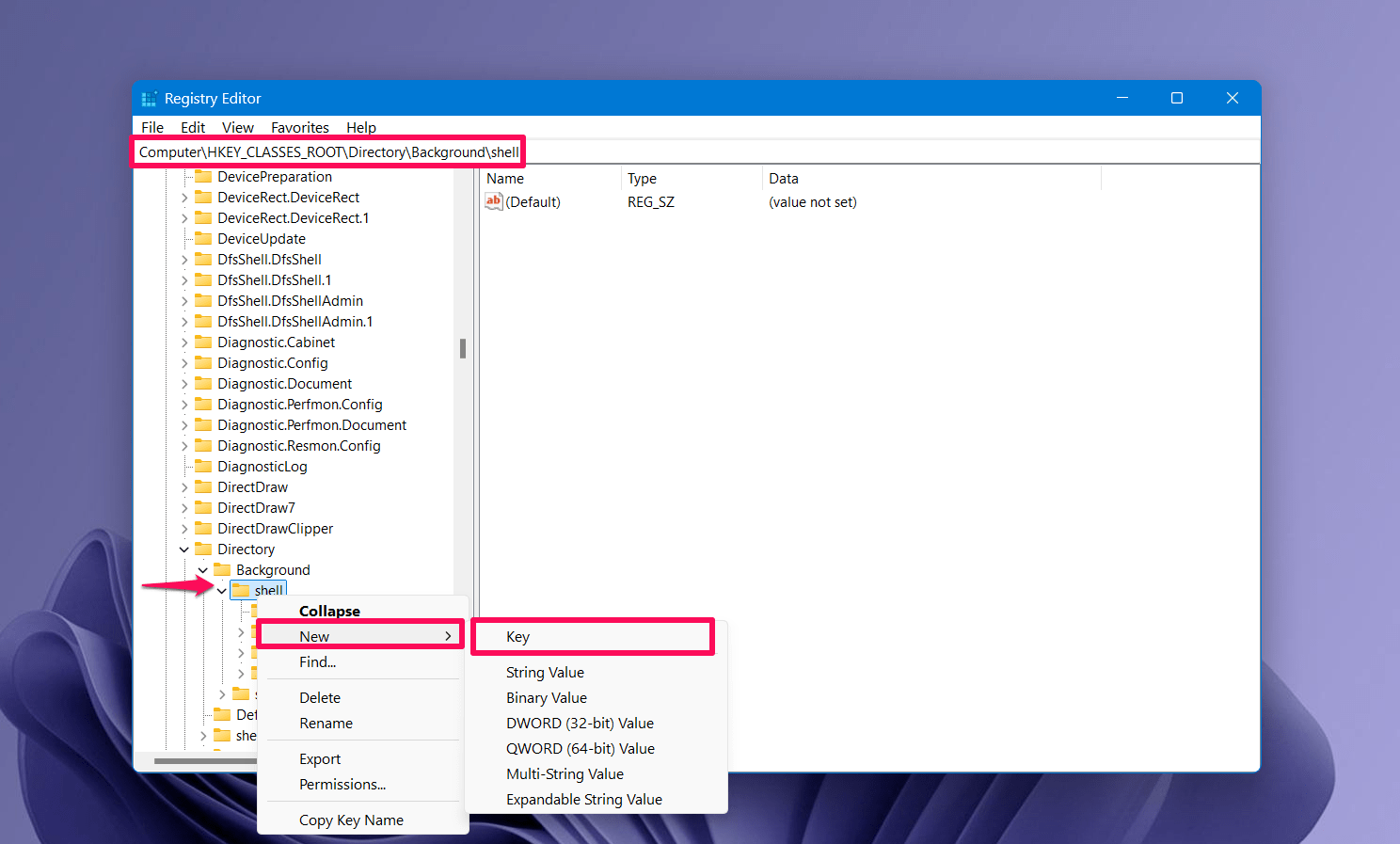 How to Add MS Office Apps in Windows Right Click Menu 3 Right click on Shell and choose New > Key