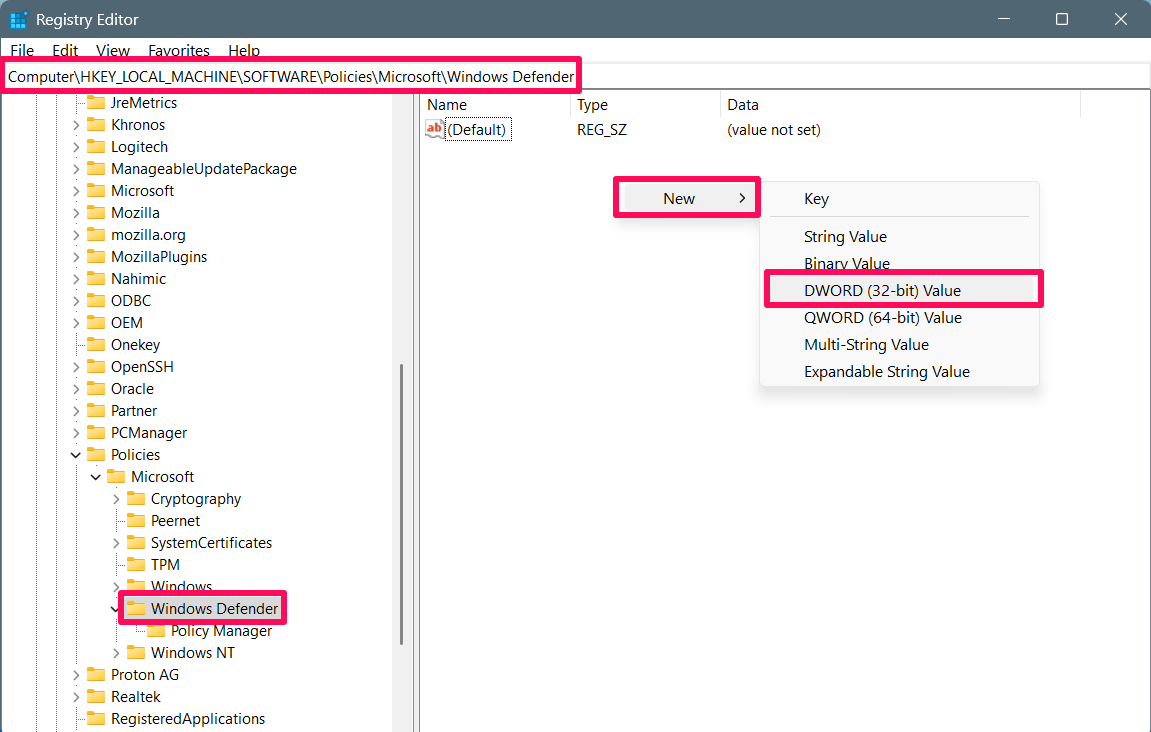 How to Permanently Disable Microsoft Defender Antivirus on Windows 11 8 Right click on the blank space and select New > DWORD (32-Bit) value