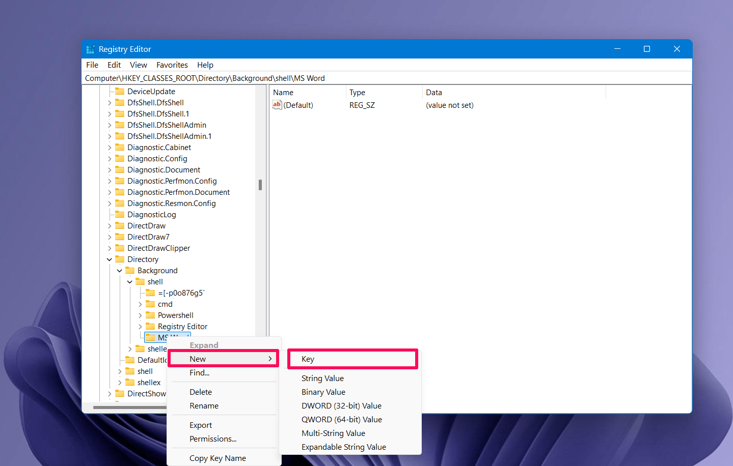 How to Add MS Office Apps in Windows Right Click Menu 4 Right click on MS Word and choose New > Key
