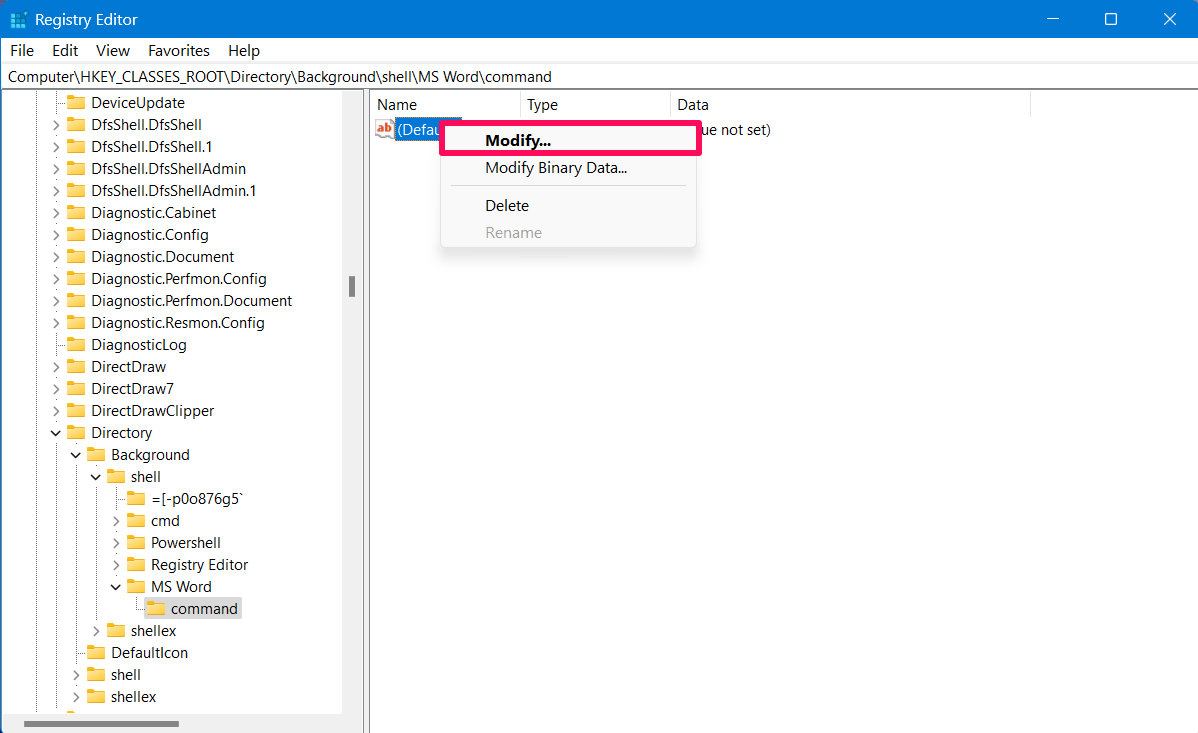 How to Add MS Office Apps in Windows Right Click Menu 5 Select the command and right click on Default and choose Modify
