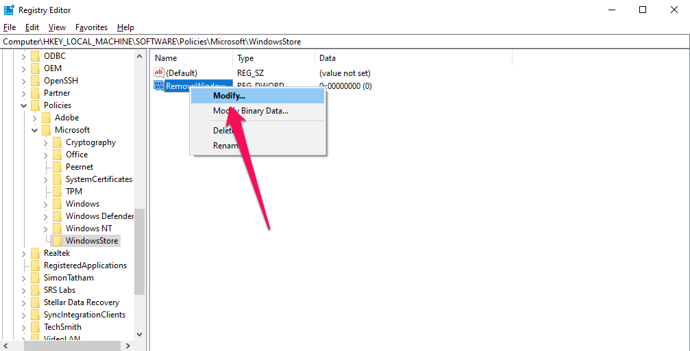 How to Fix Microsoft App Store Error 0x800704EC in Windows 10? 27 RemoveWindowsStore value and tap on the modify button