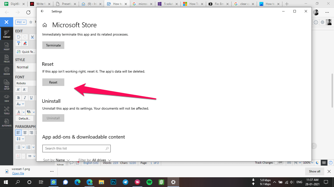 How to Fix Microsoft App Store Error 0x800704EC in Windows 10? 11 Reset button