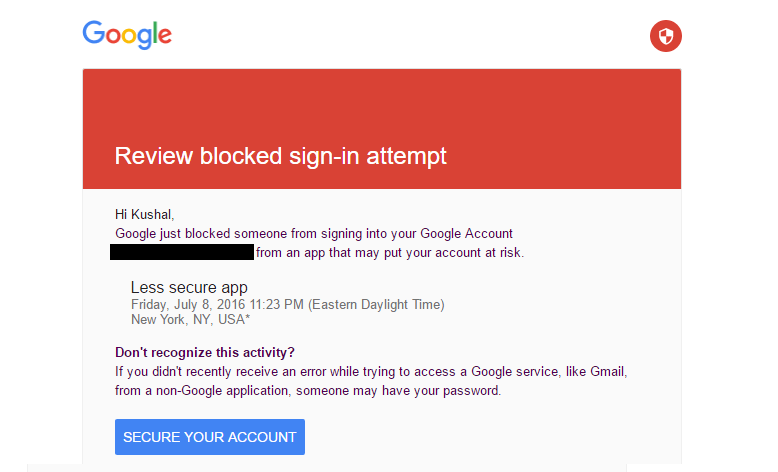 "Review Blocked Sign-in Attempt" Mail from Google 1 Review Blocked Sign-in attempt