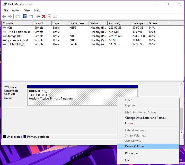 Right Click on Storage in Disk Management