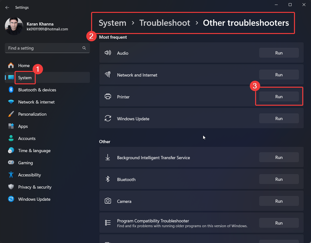 Run Printer troubleshooter