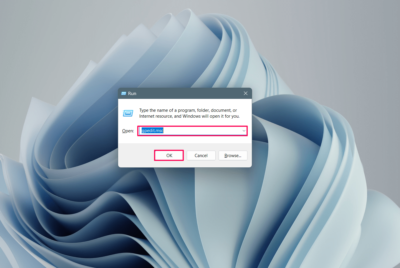 Type the Group Policy Editor value and click OK