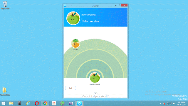 Share media across your PC's and smartphones without any USB cable 3 Screenshot of SHAREit app on PC showing receivers name. Click on it to begin the transfer.
