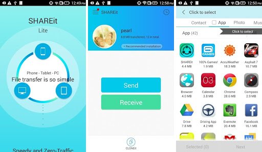 Share media across your PC's and smartphones without any USB cable 2 Screenshots of SHAREit app for Android smartphone showing send & receive option and apps & other media files which can be shared.