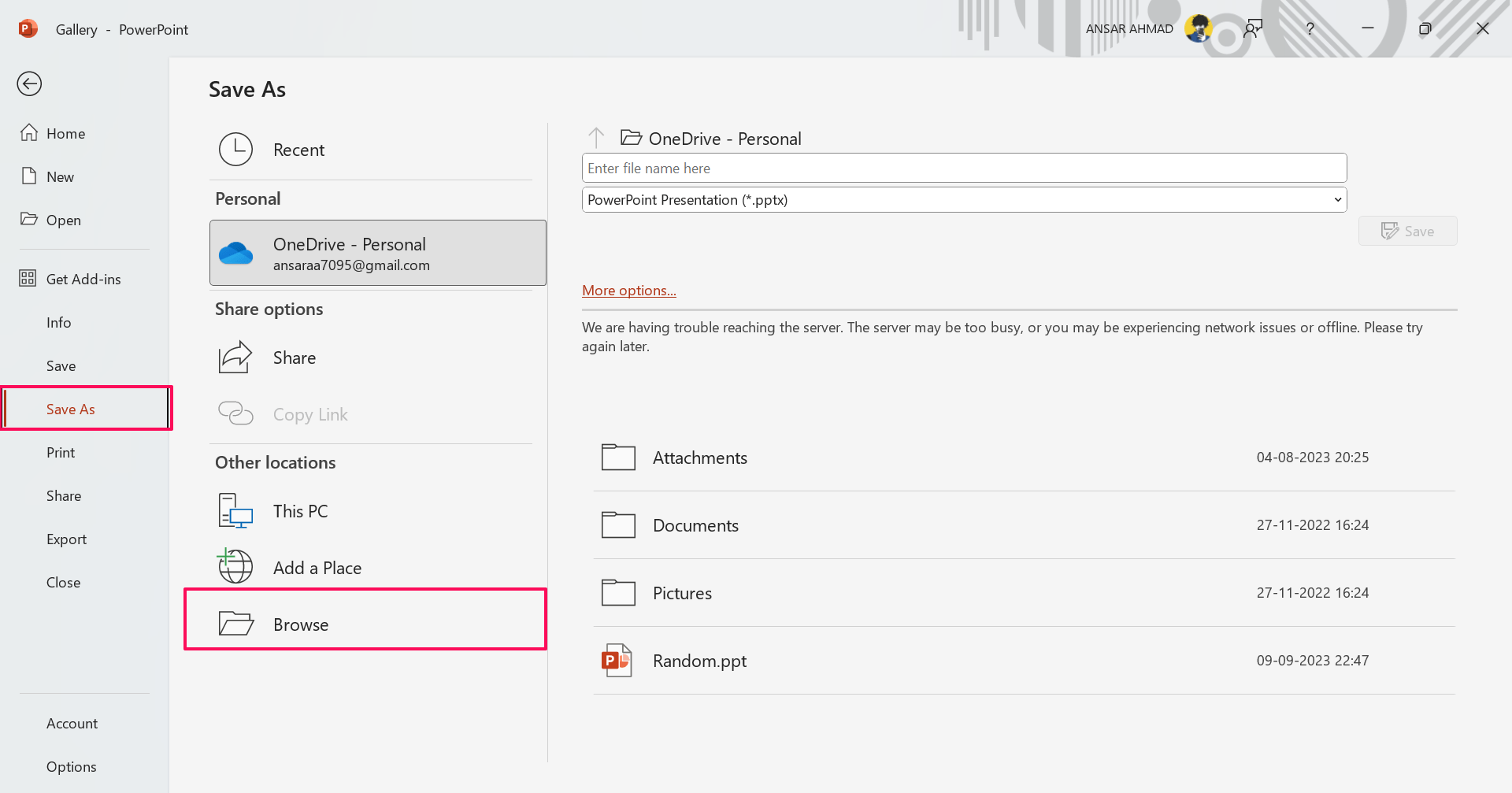 How to Fix 'An Error Occurred while PowerPoint was Saving the File' 4 Click Save As and choose Browse option