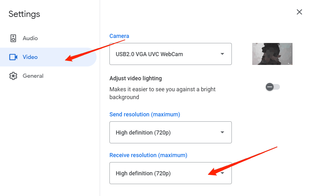 How to Fix Google Meet Audio Video Not Working? 4 click on Receive Resolution and set it to High-Definition