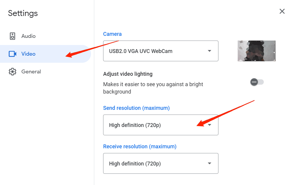 How to Fix Google Meet Audio Video Not Working? 3 Send Resolution and set it to High-Definition
