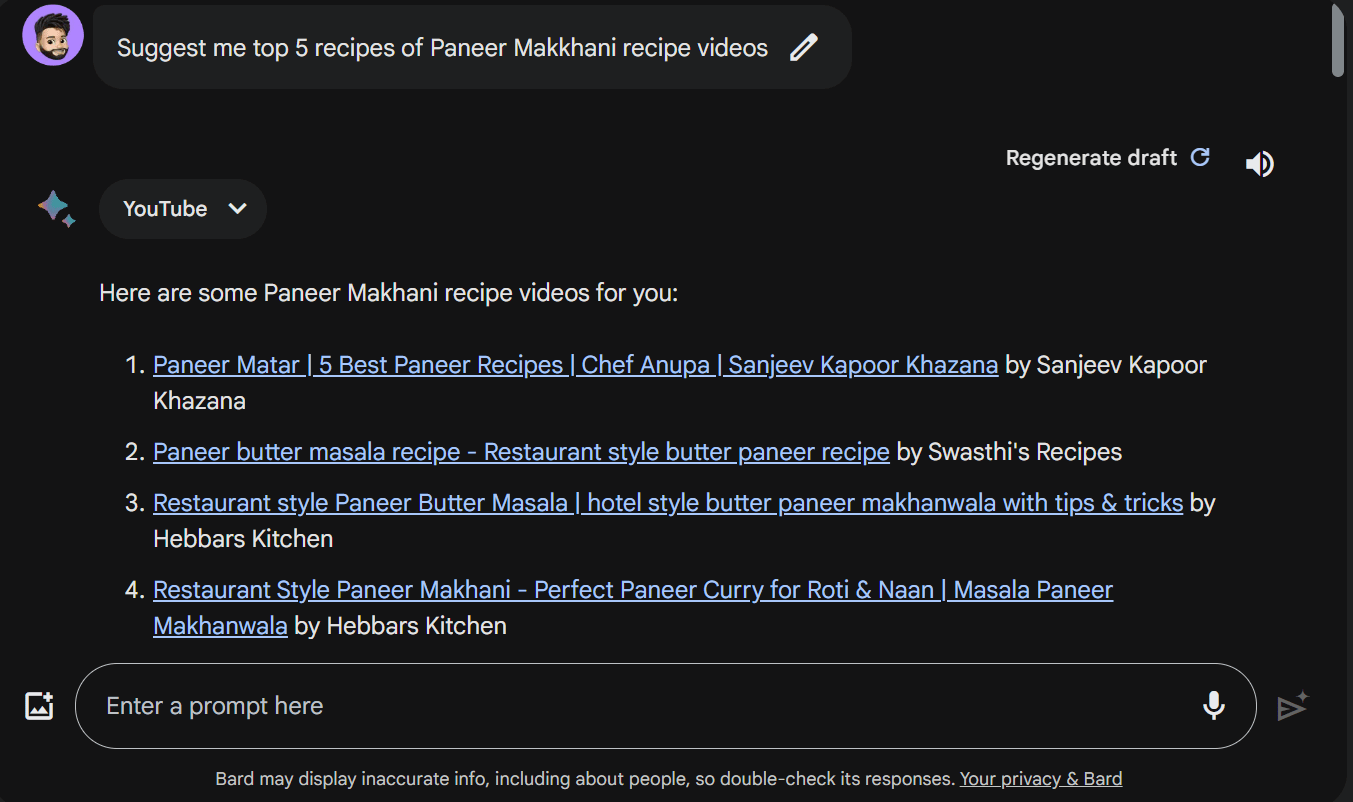How to Use Bard to Search a YouTube Video 4 @YouTube Suggest me top 5 recipes of Paneer Makkhani recipe videos