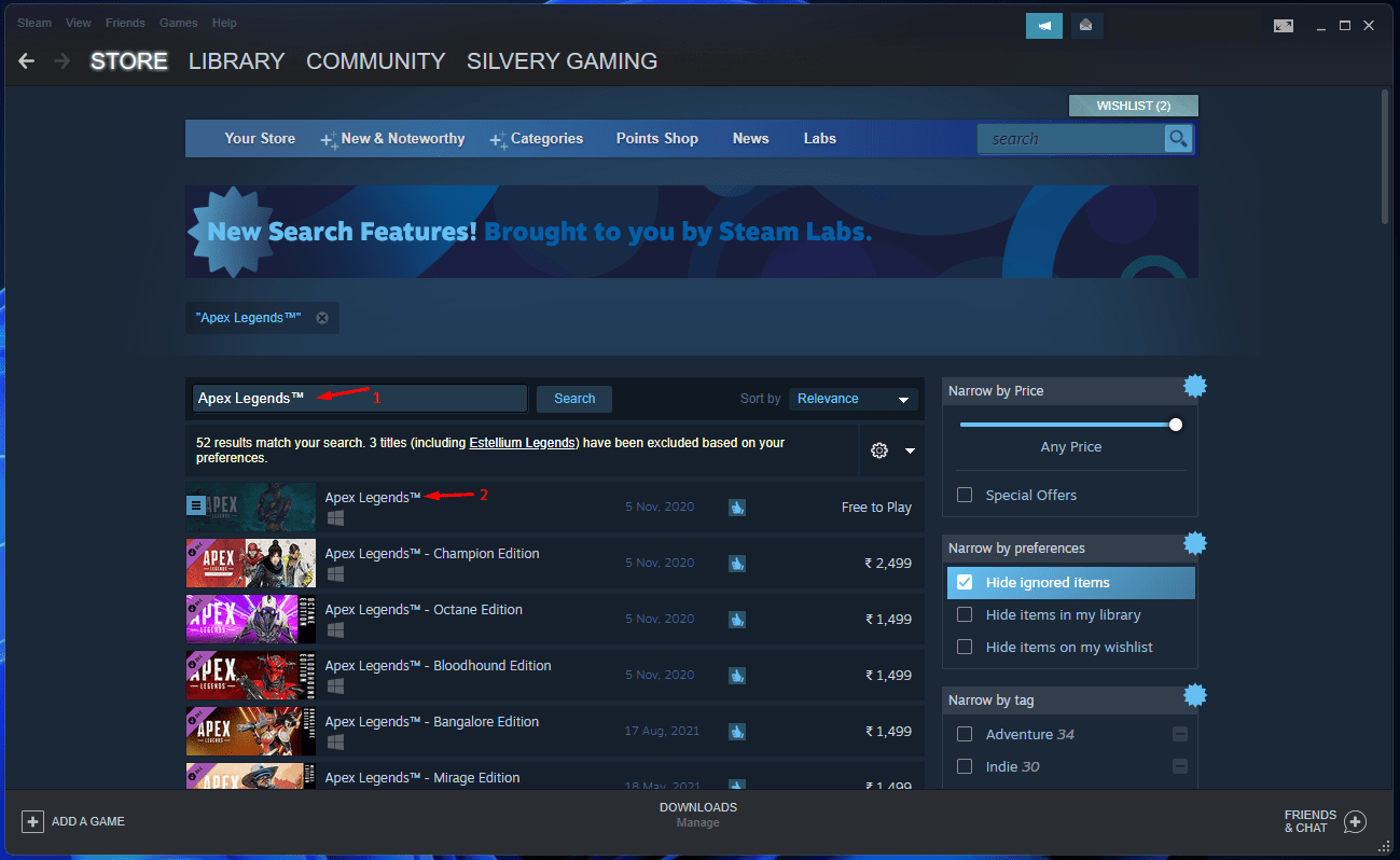 Search for the EA game available on Steam