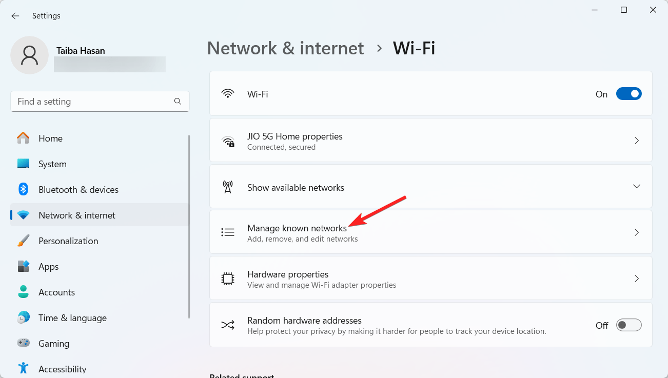 Select Manage known networks