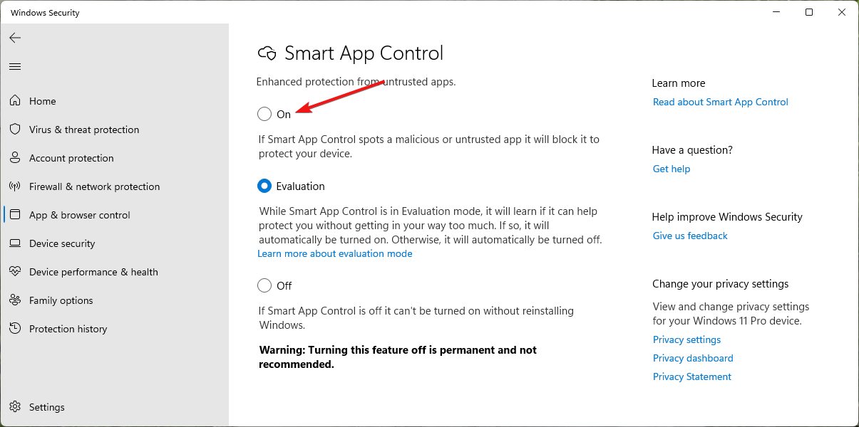 Select On option from Smart App Control